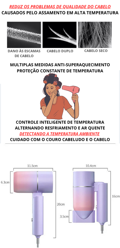 🌀 Mini Secador de Cabelo Dobrável 750W com Bolsa | Compacto, Potente e Ideal para Viagens!