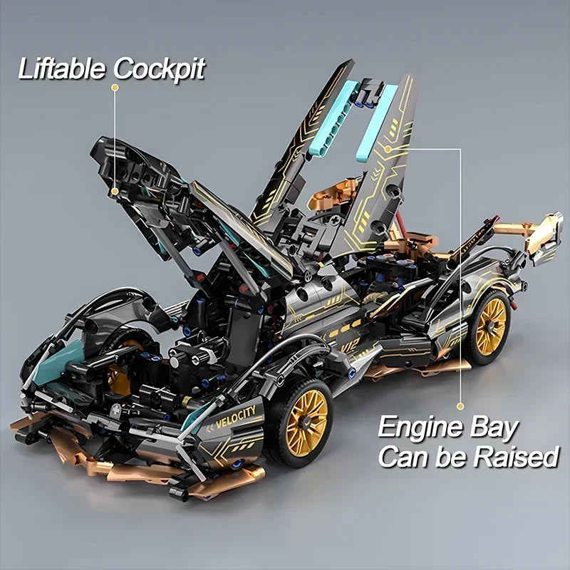 Carro Controle Remoto Roadster V12 Preto 2024 - Blocos de Montar DIY 1:14, 1280 Peças - Presente Ideal para Aniversário