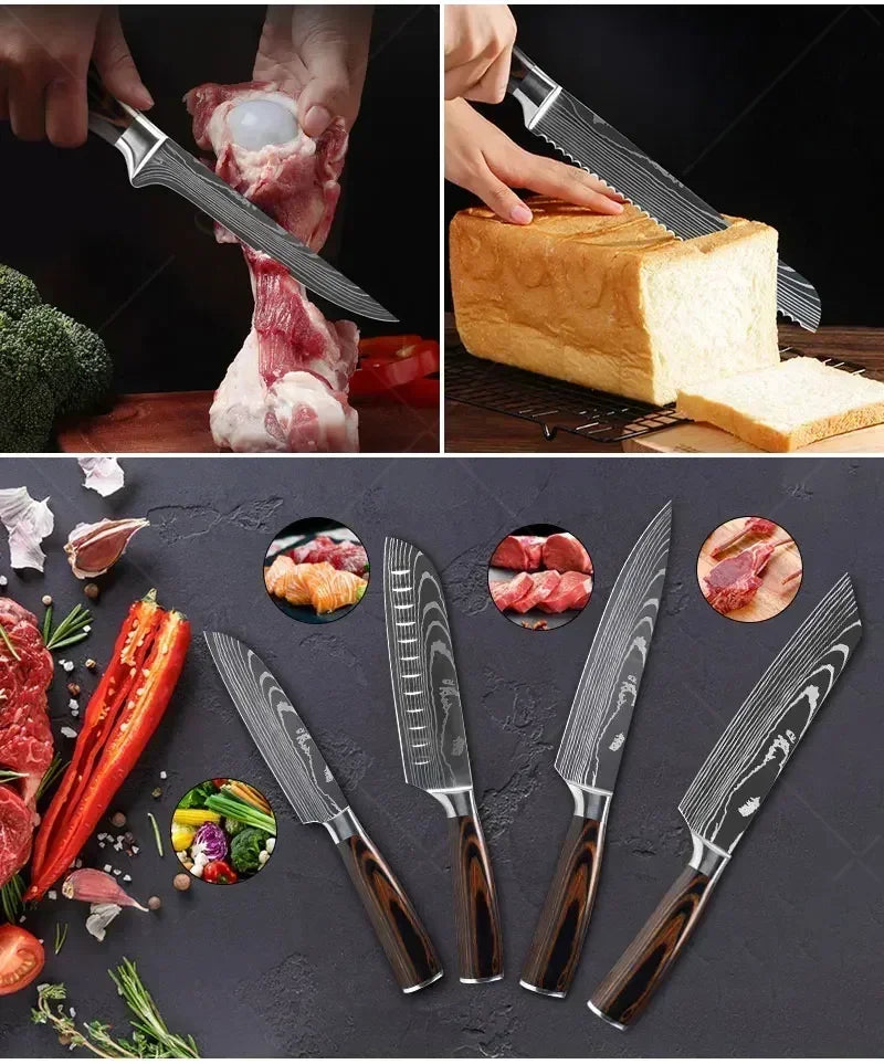 ✨ Conjunto de Facas Damascus Profissional – Chef, Desossa, Santoku e Cutelo com Capa