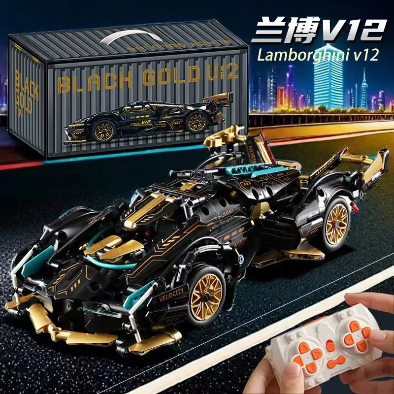 Carro Controle Remoto Roadster V12 Preto 2024 - Blocos de Montar DIY 1:14, 1280 Peças - Presente Ideal para Aniversário