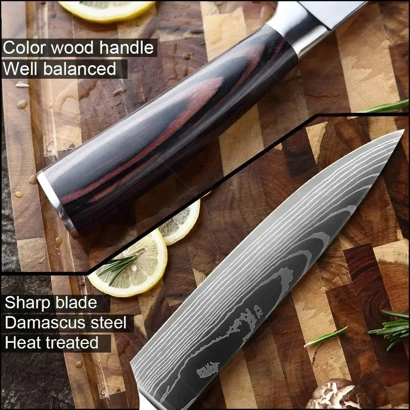 ✨ Conjunto de Facas Damascus Profissional – Chef, Desossa, Santoku e Cutelo com Capa