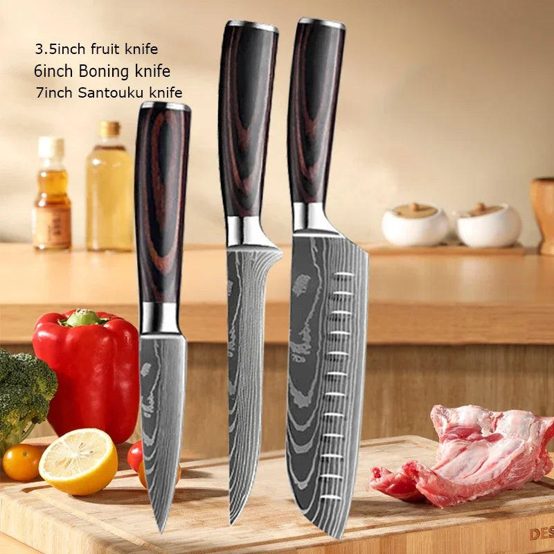 ✨ Conjunto de Facas Damascus Profissional – Chef, Desossa, Santoku e Cutelo com Capa