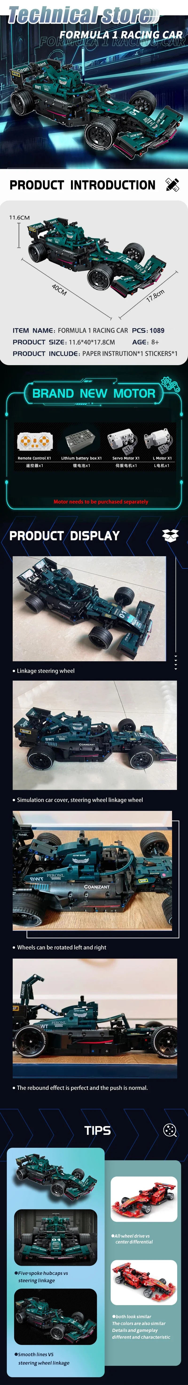 Carro de Corrida F1 Controle Remoto – Blocos de Montar High-Tech Tipo MOC – Modelo Técnico Criativo com Bricks, Presente para Experts
