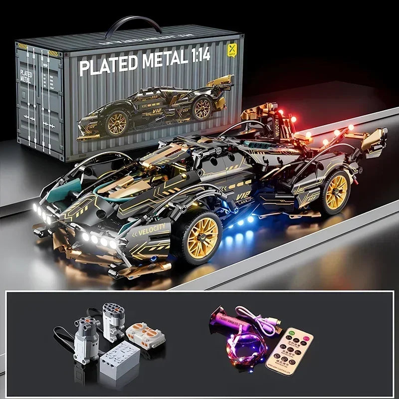 Carro Controle Remoto Roadster V12 Preto 2024 - Blocos de Montar DIY 1:14, 1280 Peças - Presente Ideal para Aniversário