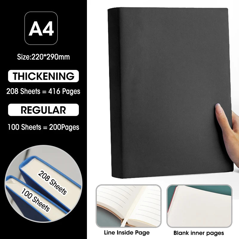Caderno A4 com Capa Soft PU – Páginas em Branco e Linha Horizontal – Diário para Escritório e Estudo – 100 ou 208 Folhas