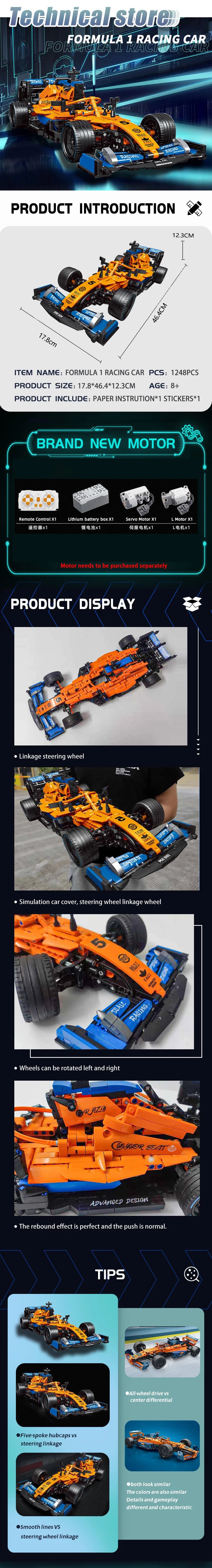 Carro de Corrida F1 Controle Remoto – Blocos de Montar High-Tech Tipo MOC – Modelo Técnico Criativo com Bricks, Presente para Experts