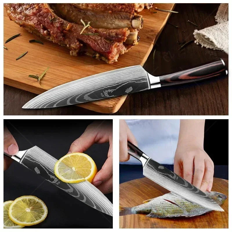 ✨ Conjunto de Facas Damascus Profissional – Chef, Desossa, Santoku e Cutelo com Capa