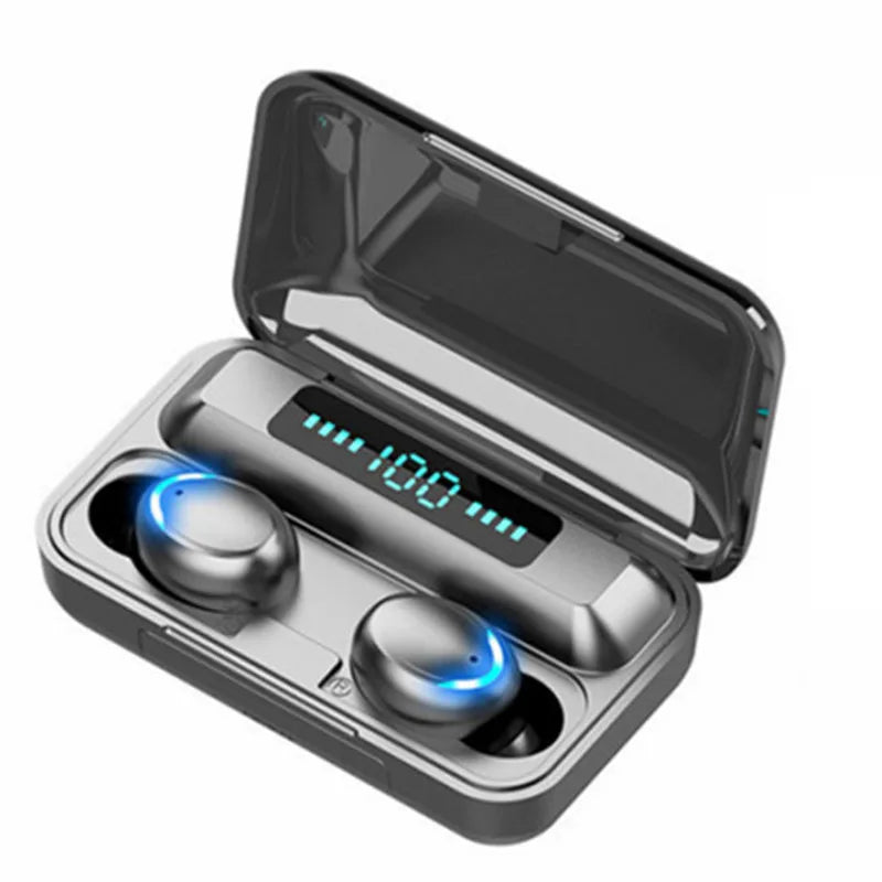 Fones TWS F9-5 — Bluetooth Sem Fio Estéreo Hi-Fi com Microfone, Viva-Voz e Função de Amplificação Sonora