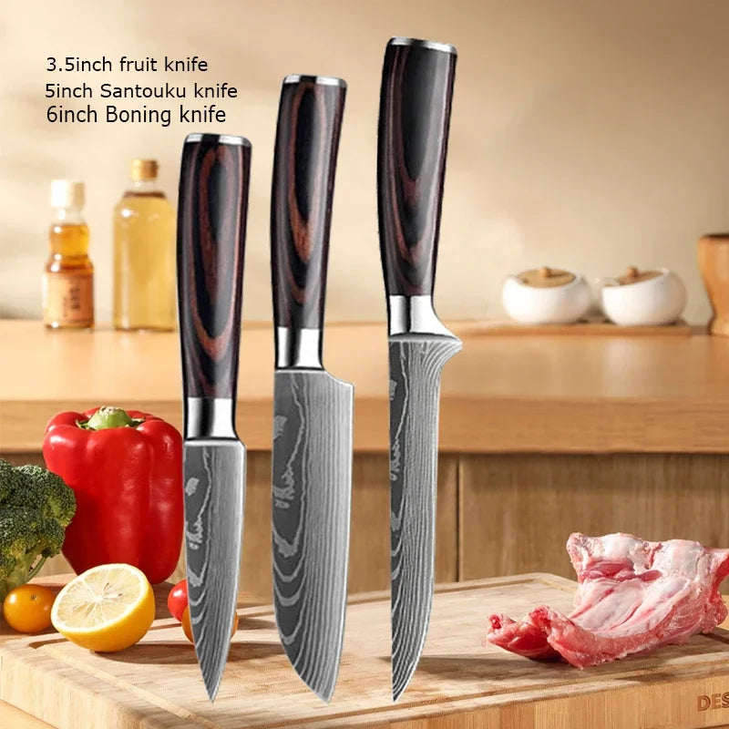 ✨ Conjunto de Facas Damascus Profissional – Chef, Desossa, Santoku e Cutelo com Capa