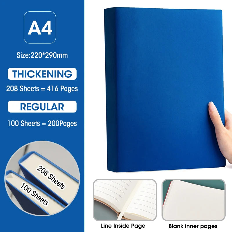 Caderno A4 com Capa Soft PU – Páginas em Branco e Linha Horizontal – Diário para Escritório e Estudo – 100 ou 208 Folhas