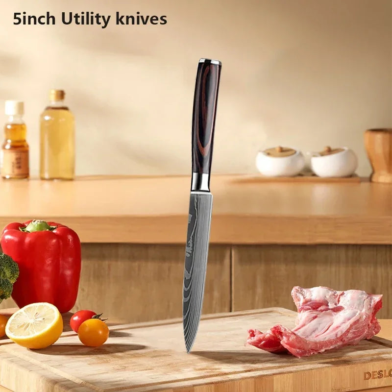 ✨ Conjunto de Facas Damascus Profissional – Chef, Desossa, Santoku e Cutelo com Capa