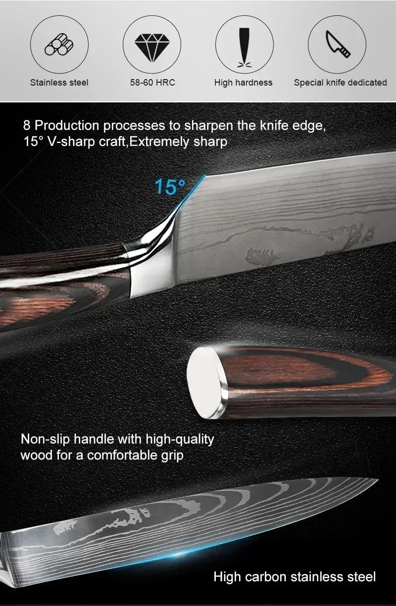 ✨ Conjunto de Facas Damascus Profissional – Chef, Desossa, Santoku e Cutelo com Capa