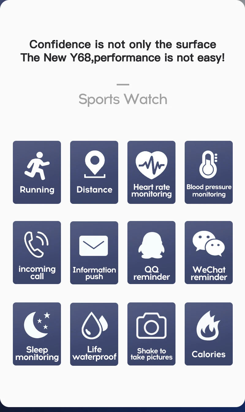 Smartwatch Multifuncional Y68/D20 para Homens e Mulheres – Bluetooth, Música, Monitor de Sono, Rastreador Fitness e Conectividade com Celular