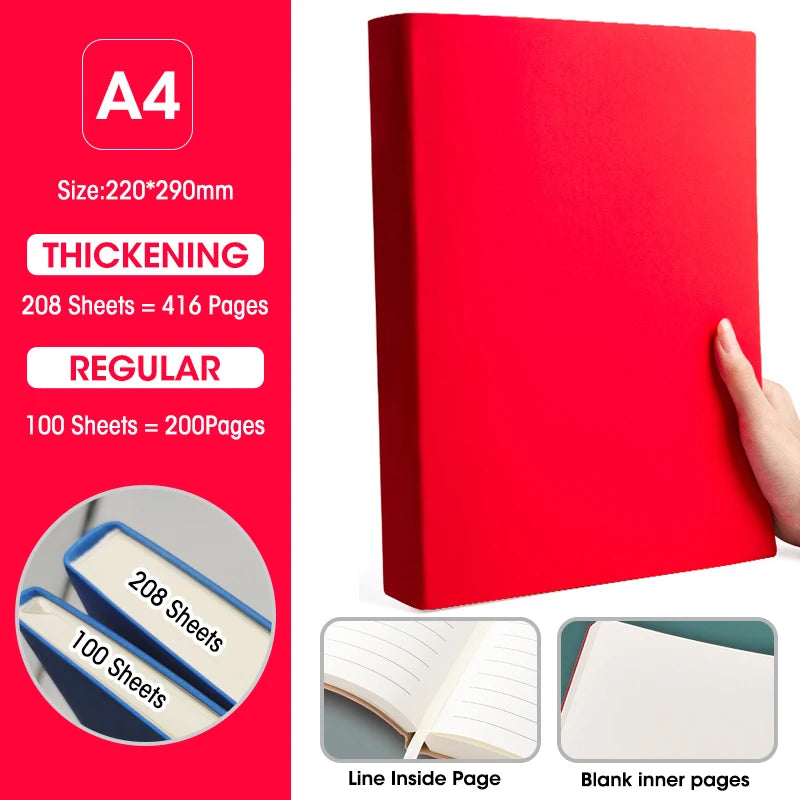 Caderno A4 com Capa Soft PU – Páginas em Branco e Linha Horizontal – Diário para Escritório e Estudo – 100 ou 208 Folhas