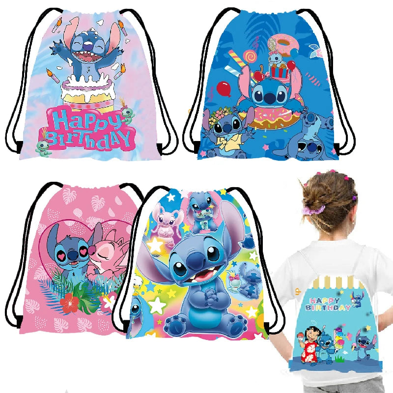 Mochila Saco Disney Stitch – Bolsa Infantil com Cordinha, Estilo Kawaii, Presente para Festa de Aniversário