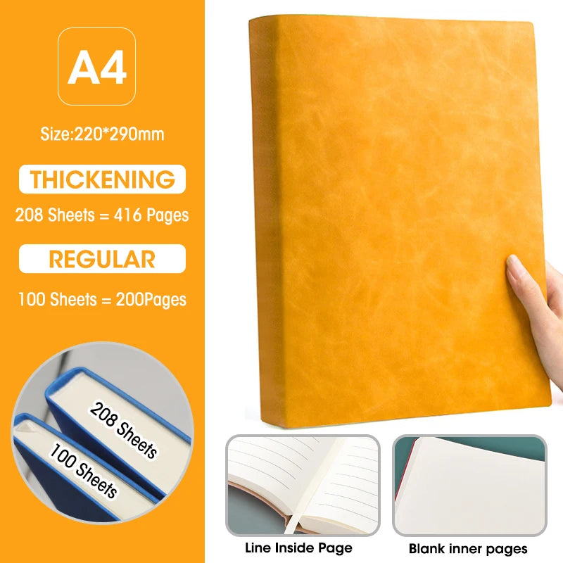 Caderno A4 com Capa Soft PU – Páginas em Branco e Linha Horizontal – Diário para Escritório e Estudo – 100 ou 208 Folhas