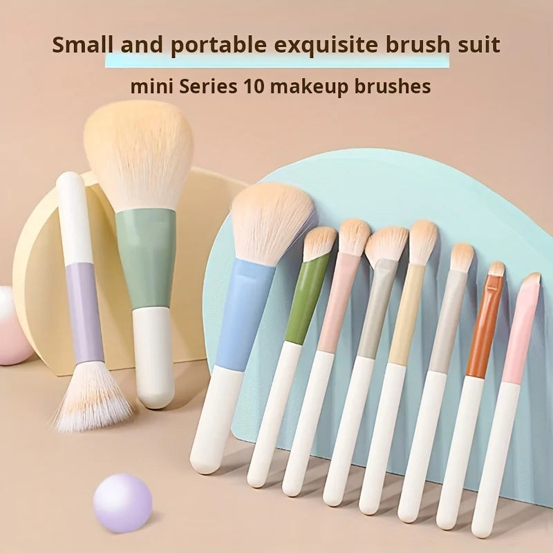 10 Mini Portable Makeup Brush Set – Kit Completo com Pincéis de Sombra, Cerdas Macias, Compacto para Viagem