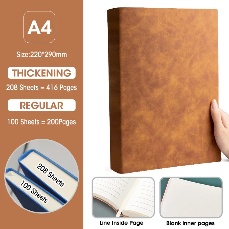 Caderno A4 com Capa Soft PU – Páginas em Branco e Linha Horizontal – Diário para Escritório e Estudo – 100 ou 208 Folhas