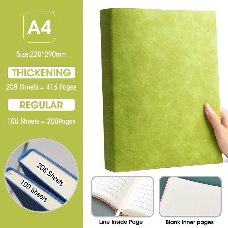 Caderno A4 com Capa Soft PU – Páginas em Branco e Linha Horizontal – Diário para Escritório e Estudo – 100 ou 208 Folhas