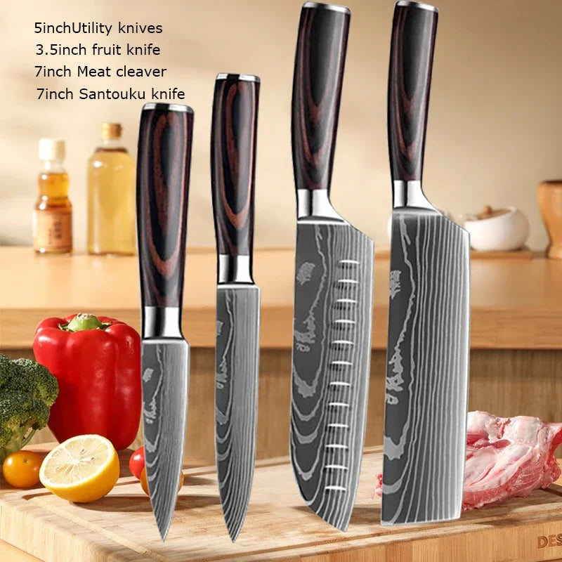 ✨ Conjunto de Facas Damascus Profissional – Chef, Desossa, Santoku e Cutelo com Capa
