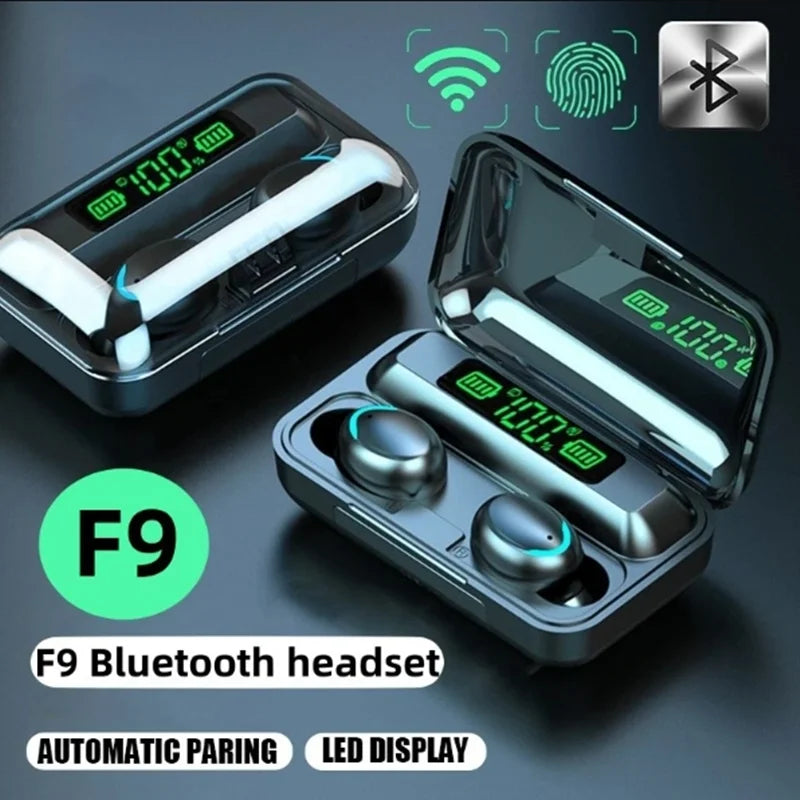 Fones TWS F9-5 — Bluetooth Sem Fio Estéreo Hi-Fi com Microfone, Viva-Voz e Função de Amplificação Sonora