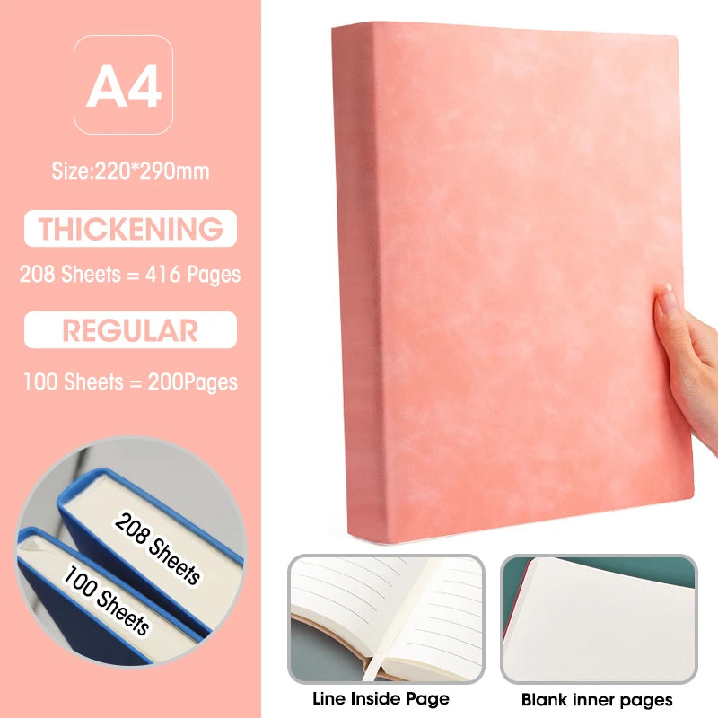 Caderno A4 com Capa Soft PU – Páginas em Branco e Linha Horizontal – Diário para Escritório e Estudo – 100 ou 208 Folhas