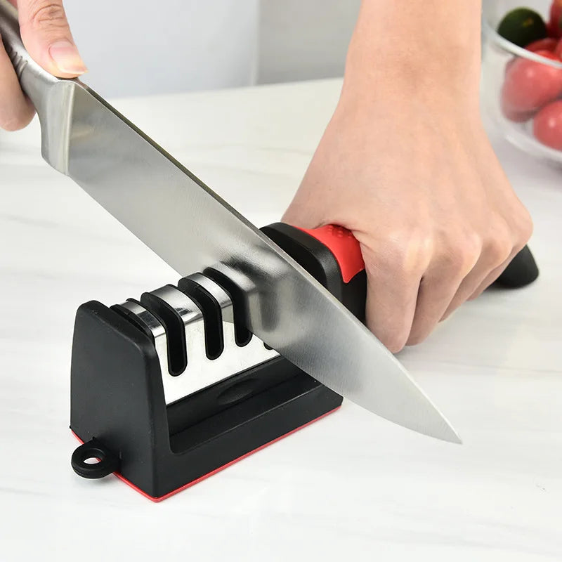Afiador de Facas Manual 4 Segmentos para Cozinha — Pedra de Afiação Multifuncional 3 em 1, Preto, Ideal para Uso Doméstico