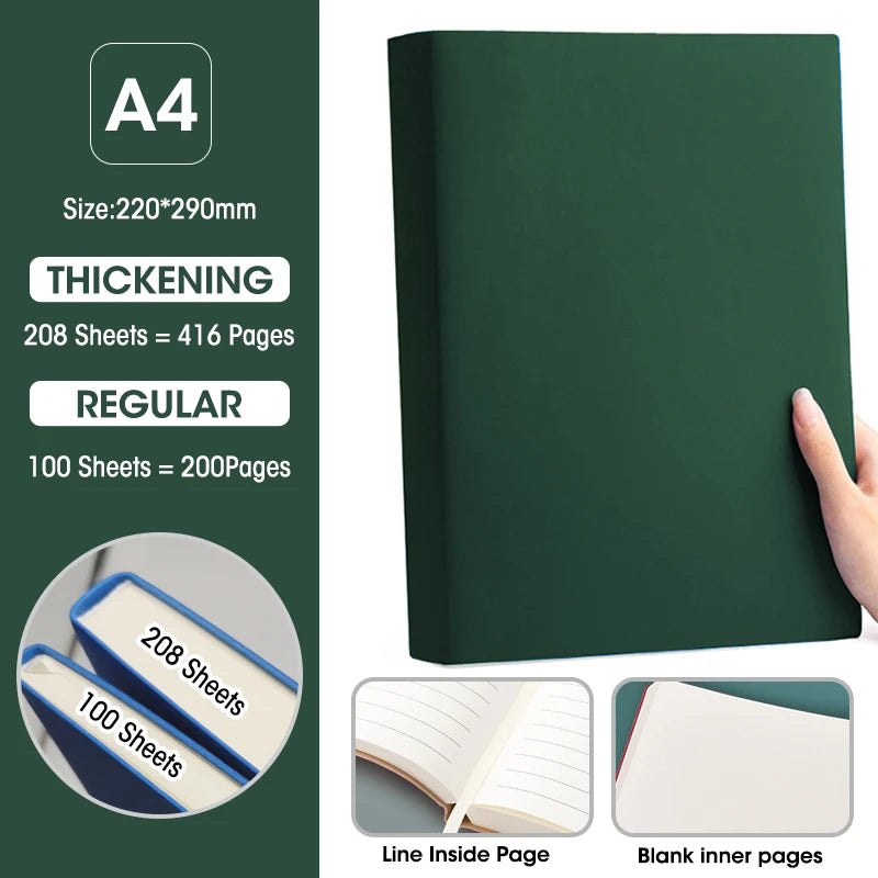 Caderno A4 com Capa Soft PU – Páginas em Branco e Linha Horizontal – Diário para Escritório e Estudo – 100 ou 208 Folhas