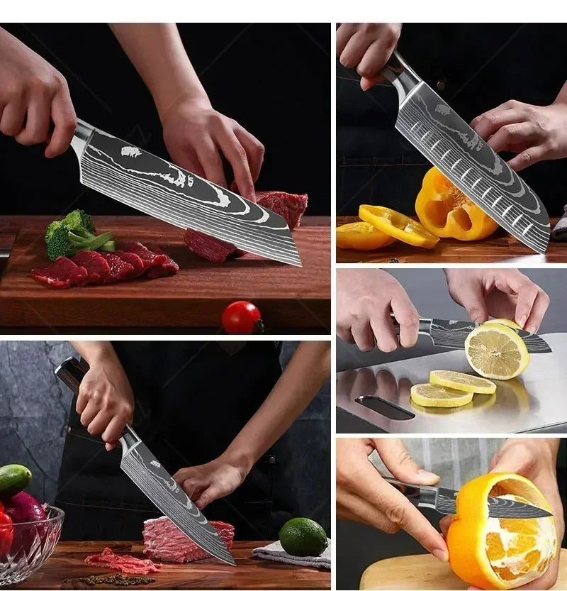 ✨ Conjunto de Facas Damascus Profissional – Chef, Desossa, Santoku e Cutelo com Capa