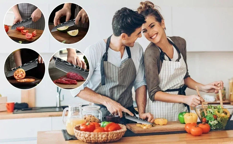 ✨ Conjunto de Facas Damascus Profissional – Chef, Desossa, Santoku e Cutelo com Capa